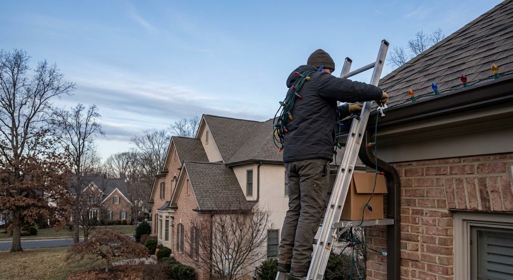 Crew member installing roofline lights