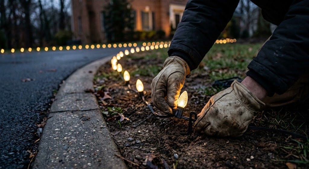 Santa's Sidekicks crew member installing pathway lighting along a walkway