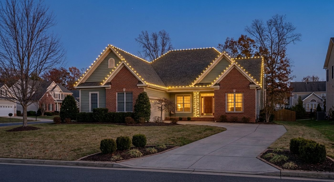 Roofline holiday lighting on a brick home in Northern Virginia