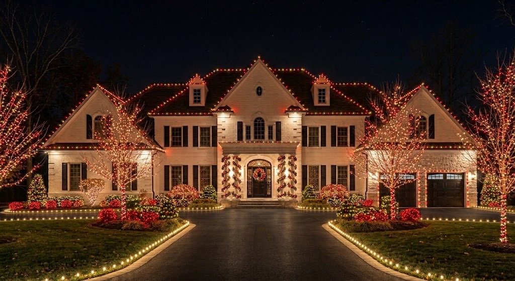 Colonial home with red and white holiday lighting