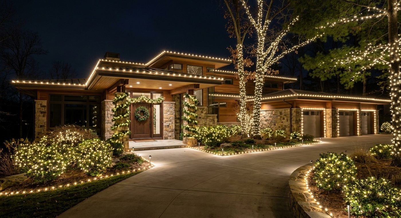 Modern home with warm white roofline lighting