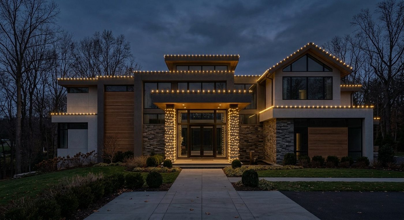 Contemporary home with elegant warm white holiday lighting