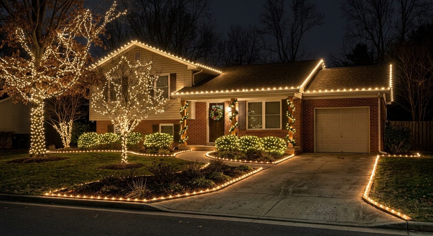 Split-level home with warm white roofline lights, wrapped trees, and lit walkway