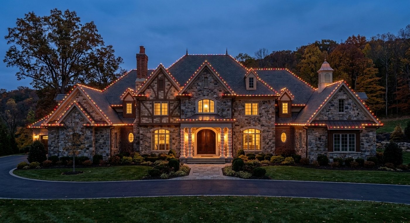 Stone and timber estate with red and white roofline lighting at dusk